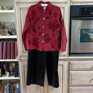 Coldwater Creek shirt jacket sz M red w/ black satin look palazzo pants sz 12